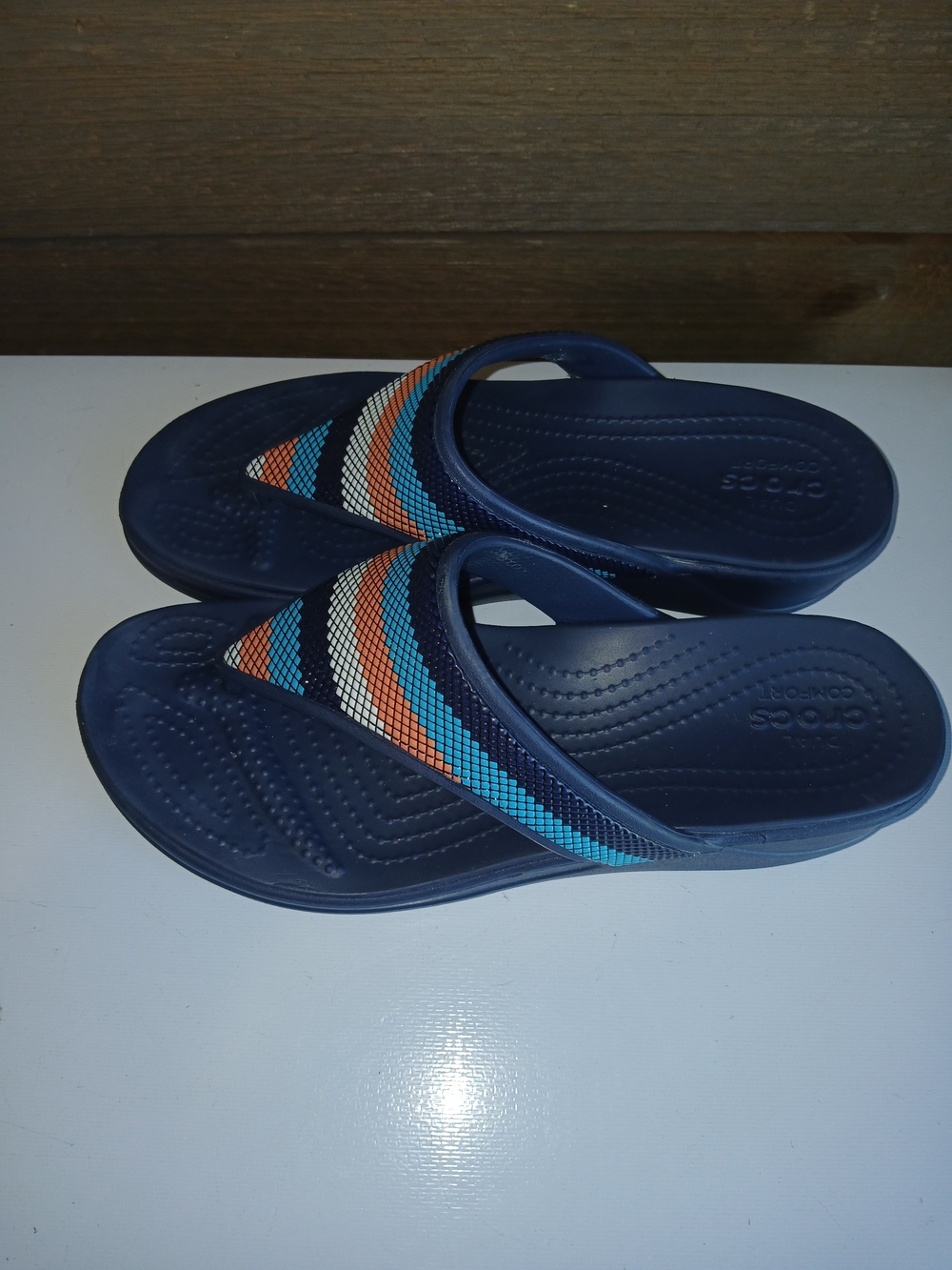 Crocs Monterey Sandals Women's Size 9 Navy Blue Striped Wedge Flip Flops Comfort